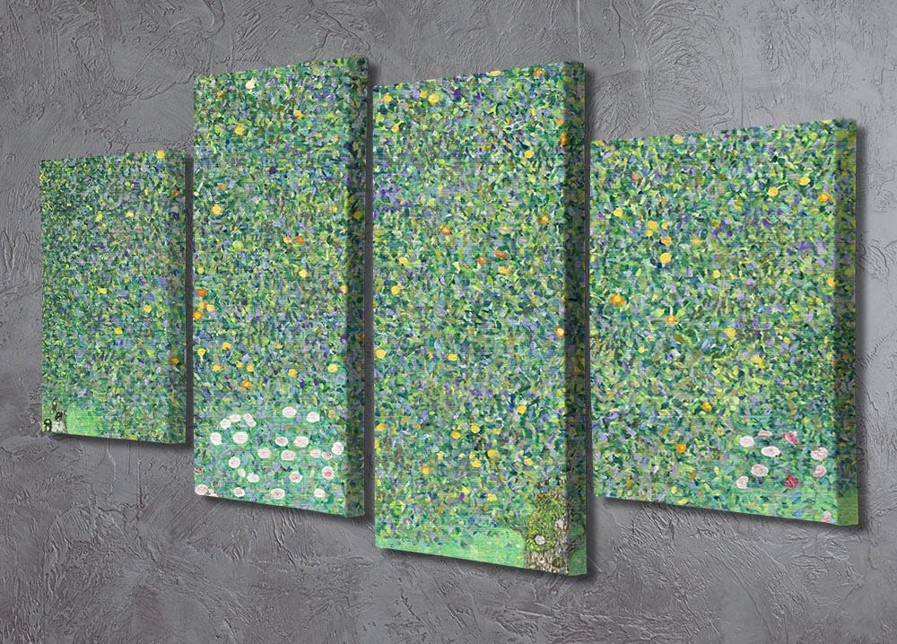 A beautiful 4-split canvas artwork featuring Klimt's Rose bushes under the Trees, showcasing vibrant colors and intricate details across four panels.